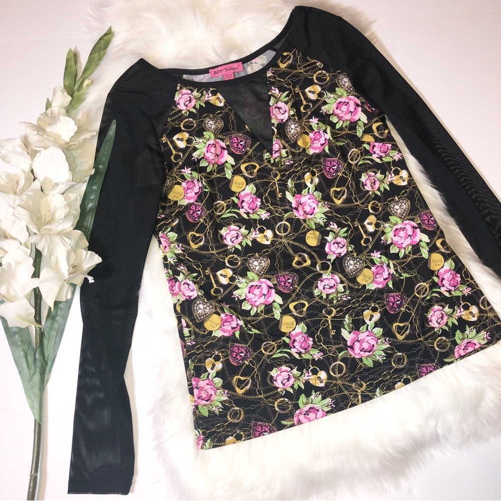 ❤️5/$25 Betsy‎ Johnson long sleeve Shirt sheer Maximalist sleeves Medium